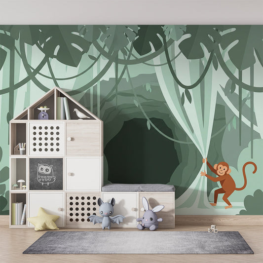Kids-Mundo misty jungle cave wall mural behind a single bed in a child's jungle-themed bedroom.