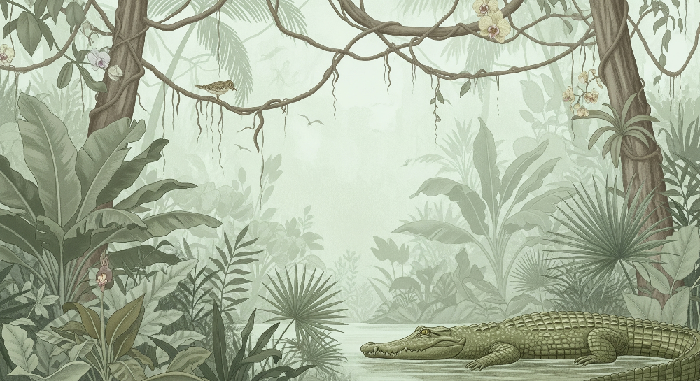 Kids-Mundo flat artwork of a peaceful crocodile resting in a misty, muted-green jungle swamp.