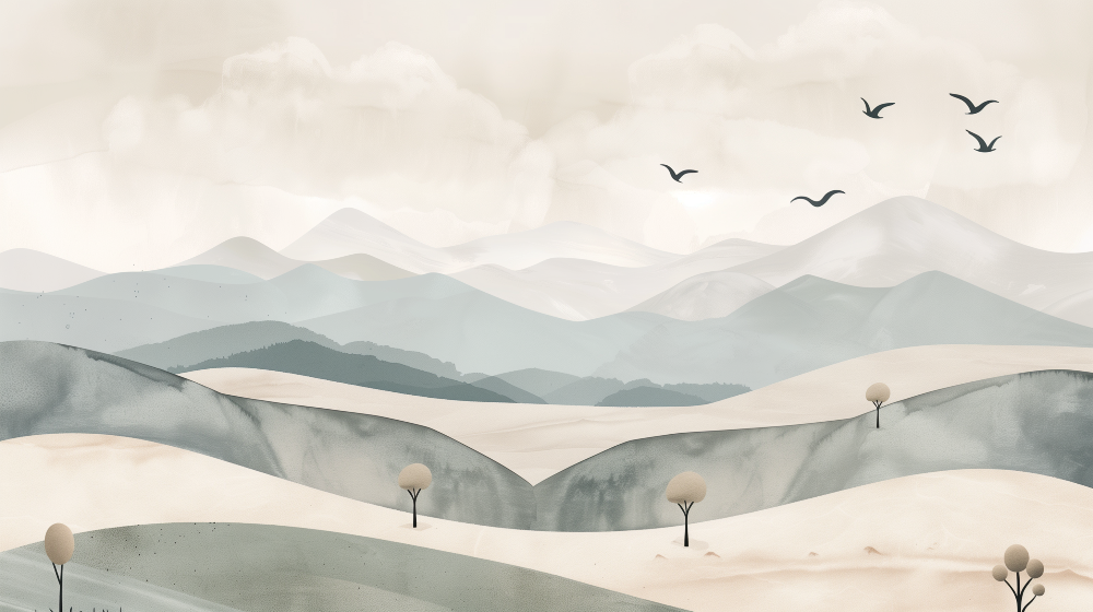 Misty Pastel Mountains with Flying Birds Wall Mural