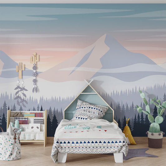 Kids-Mundo mountain wall mural covering a feature wall in a peaceful kids bedroom