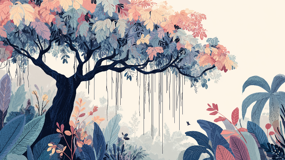 Misty Pastel Jungle Tree Wall Mural