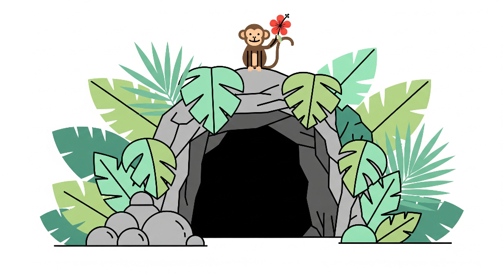 Kids-Mundo flat artwork of a monkey standing on a jungle cave with a red flower