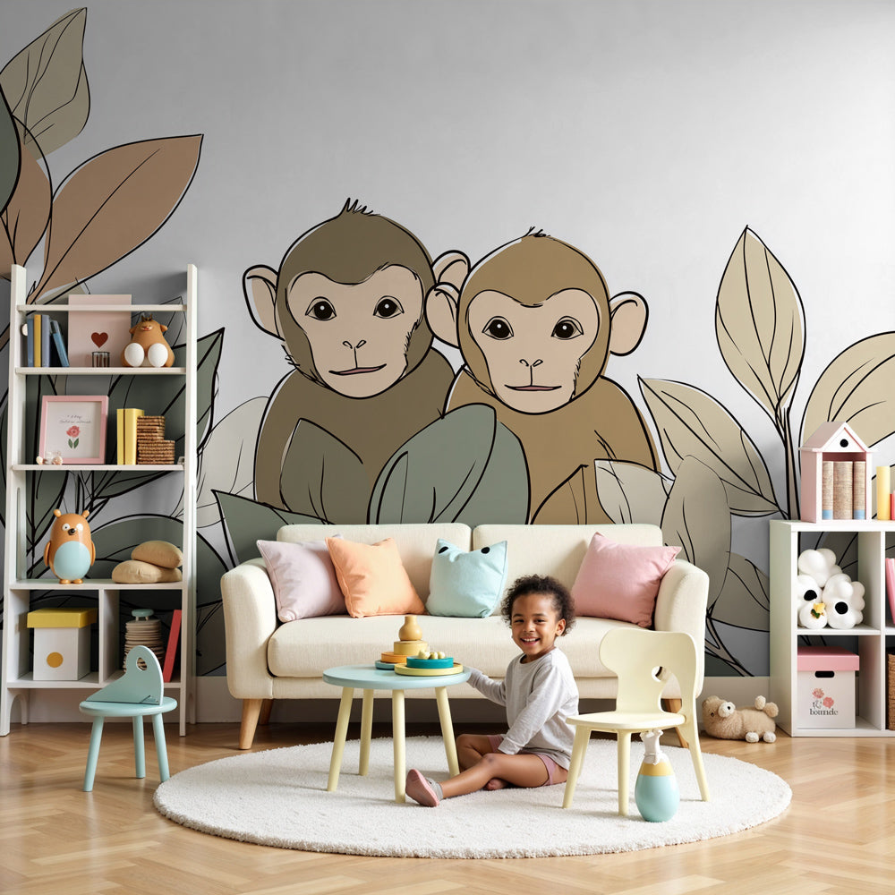 Monkey jungle mural wallpaper in modern nursery with natural wood crib by Kids-Mundo