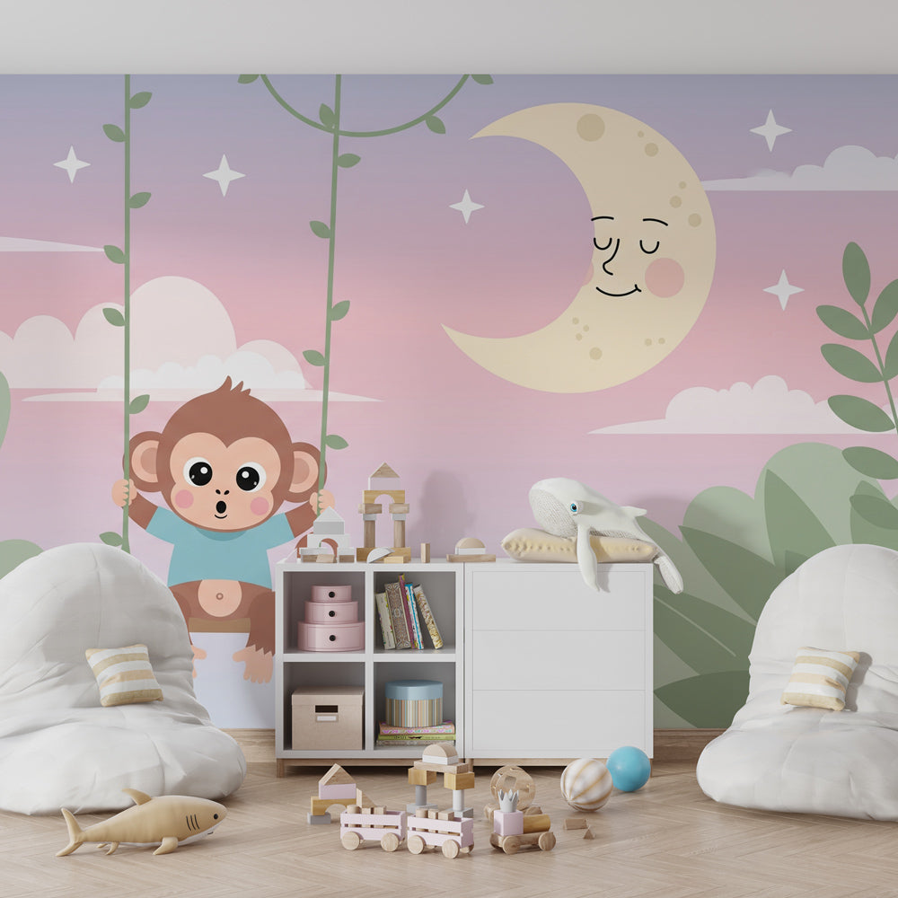 Whimsical monkey and moon mural wallpaper creating magical atmosphere in kids bedroom