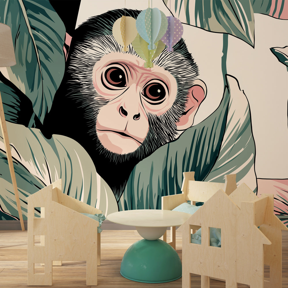 Tropical monkey wallpaper transforming children's bedroom with lush jungle foliage and natural tones