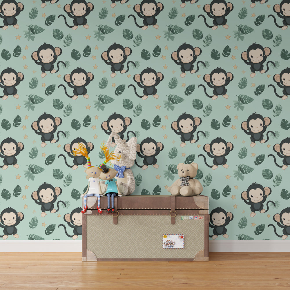 Charming monkey wallpaper with tropical leaves decorating bright children's bedroom space