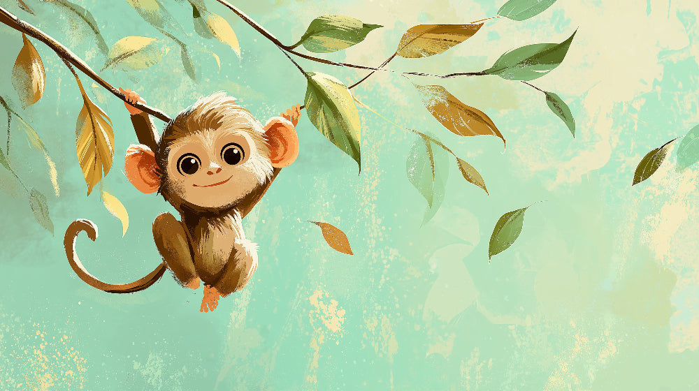 Detailed monkey jungle mural wallpaper design pattern with tropical leaves by Kids-Mundo