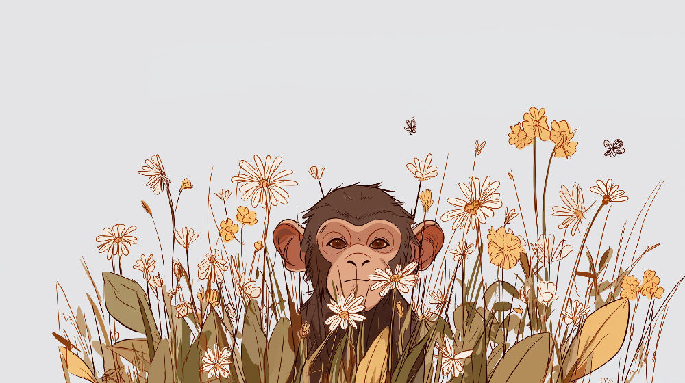 Detailed monkey and flowers mural wallpaper design pattern showing watercolor botanical artwork
