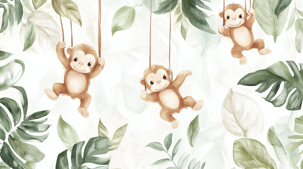 Detailed monkey jungle mural wallpaper design pattern showing tropical foliage and playful primates by Kids-Mundo