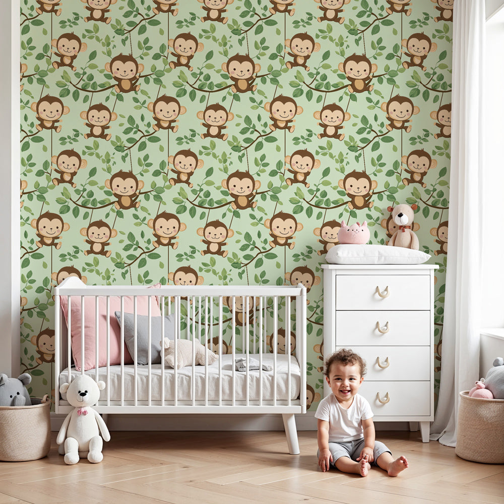 Playful monkey mural wallpaper in modern nursery with green jungle theme by Kids-Mundo