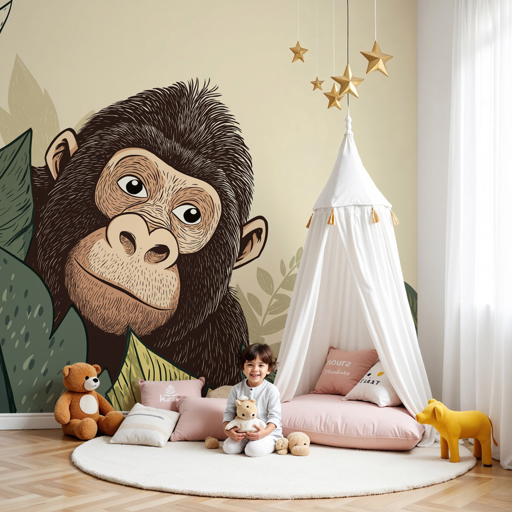 Curious monkey mural wallpaper creating tropical nursery decor with lush green foliage by Kids-Mundo