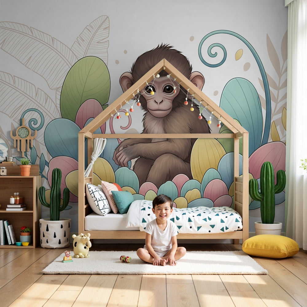 Cute monkey mural wallpaper with colorful flowers in modern nursery by Kids-Mundo