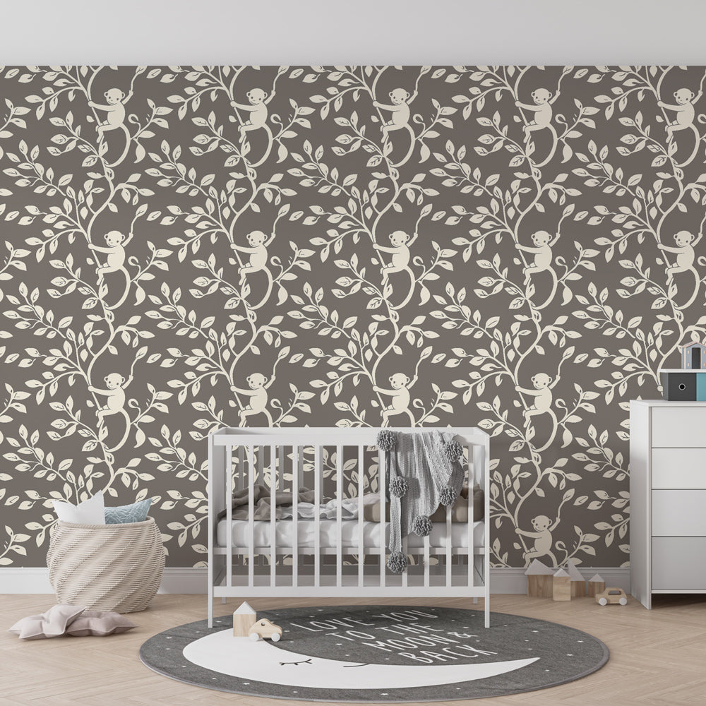 Monkey jungle wallpaper transforming kids bedroom into safari adventure space with natural decor