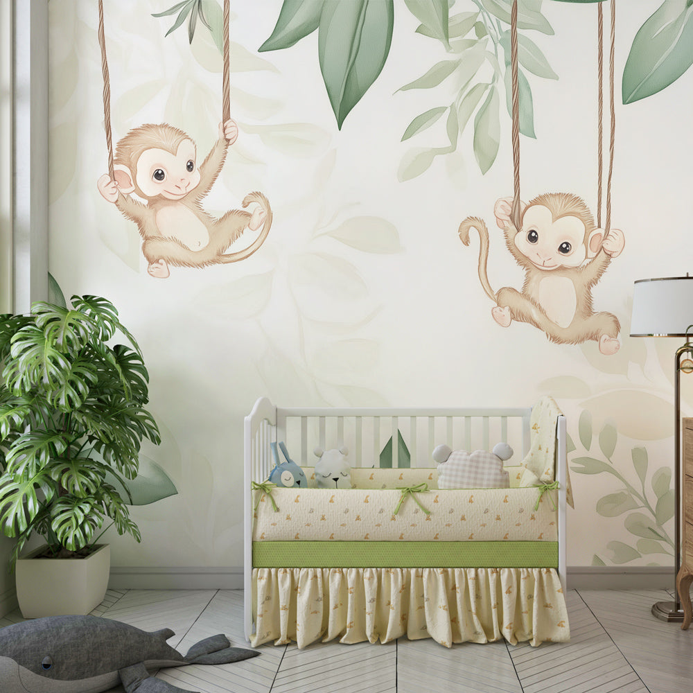 Tropical monkey wallpaper creating gentle safari theme in children's bedroom decor