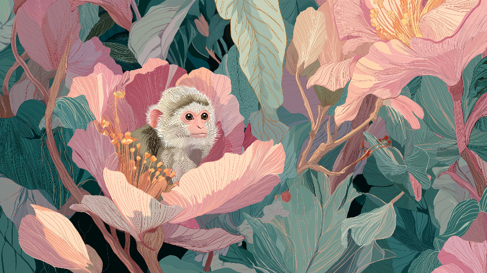 Little Monkey Hiding in Pink Peony Flowers Wall Mural