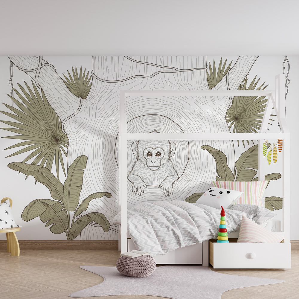Jungle monkey wallpaper creating playful atmosphere in children's bedroom with wooden furniture