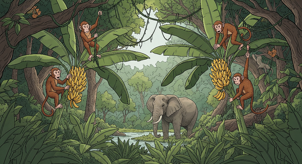 Kids-Mundo flat artwork of monkeys in banana trees and an elephant in the jungle