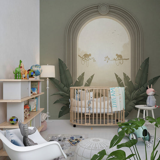 Kids-Mundo golden sunset arch wall mural with monkeys covering a wall in a kids bedroom