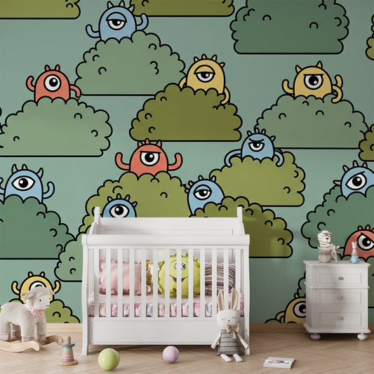 Kids bedroom wall styled with a Kids-Mundo peekaboo monster mural in yellow, blue and coral tones.
