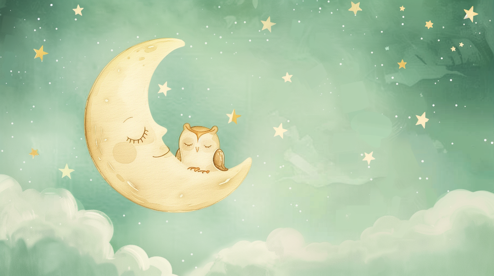 Kids-Mundo flat artwork of a sleepy owl nestled on a smiling crescent moon among stars