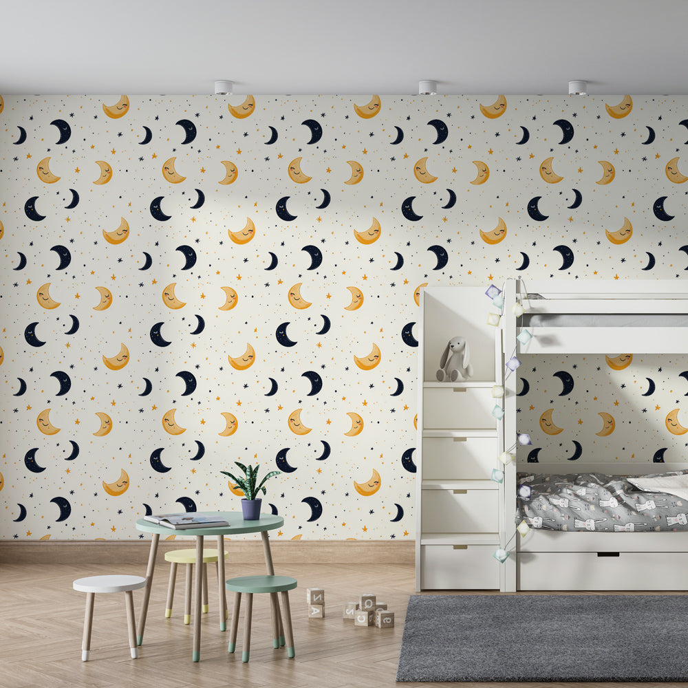 Smiling moon and stars wallpaper in modern children's bedroom with wooden furniture