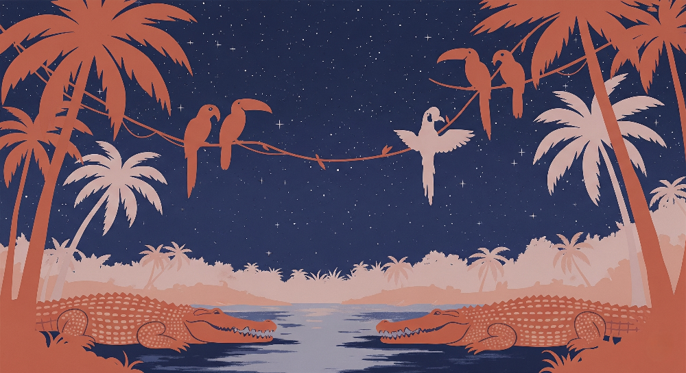 Kids-Mundo flat artwork of a moonlit jungle scene with parrots and crocodiles