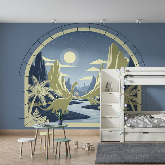 Kids-Mundo dinosaur valley wall mural covering a soothing child's bedroom wall.