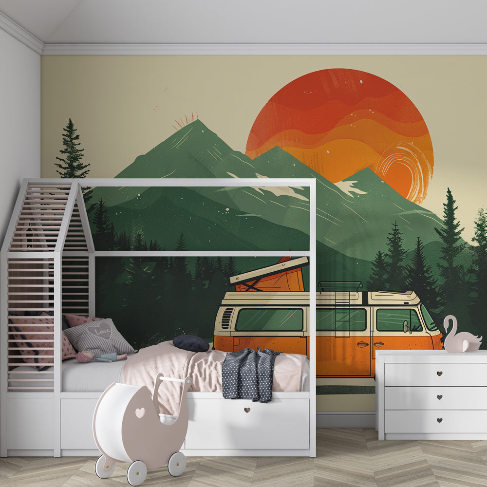 Retro mountain sunset mural wallpaper creating adventure-themed kids bedroom atmosphere