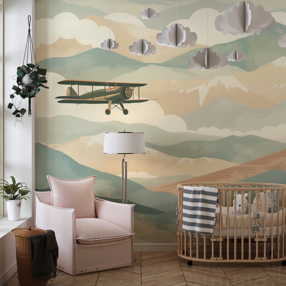 Pastel mountain wallpaper creating serene atmosphere in children's bedroom