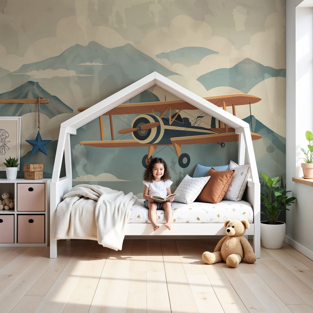 Mountain adventure mural wallpaper creating dreamy nursery atmosphere with misty peaks by Kids-Mundo