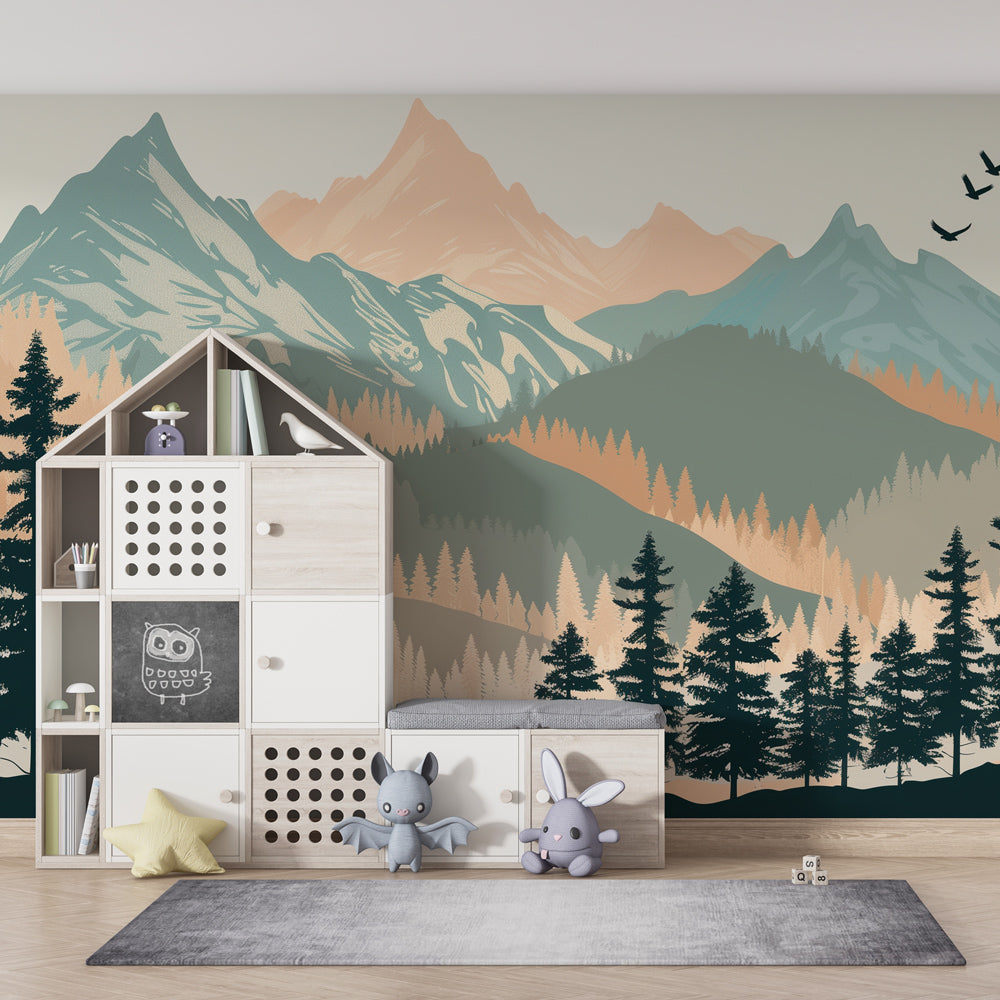 Forest themed mural wallpaper transforming nursery into magical woodland with bears and trees by Kids-Mundo