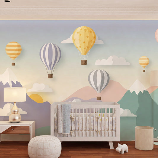 Kids-Mundo mountain hot air balloon wall mural in a children's bedroom setting