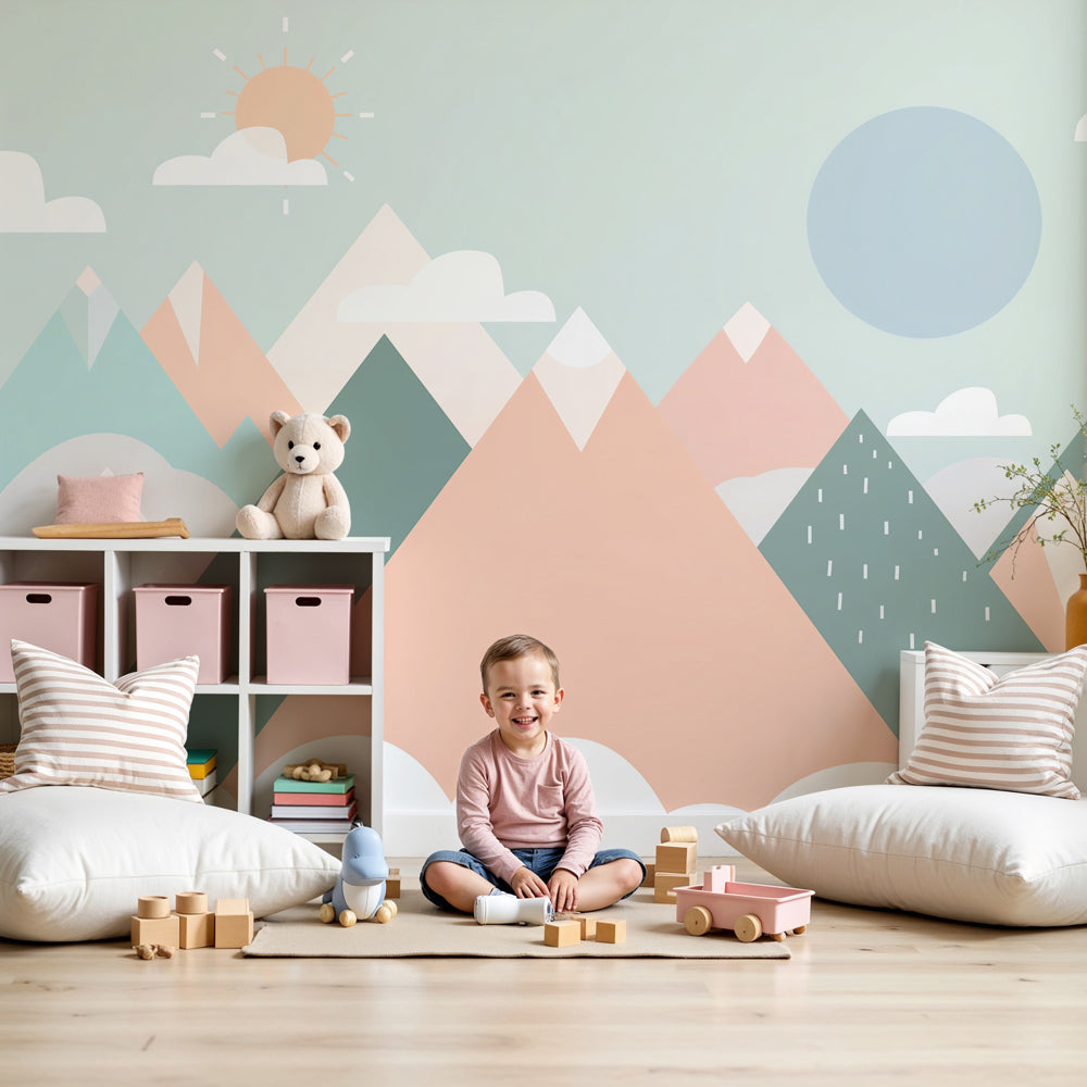 Pastel mountain clouds mural wallpaper in modern nursery with natural wood furniture by Kids-Mundo