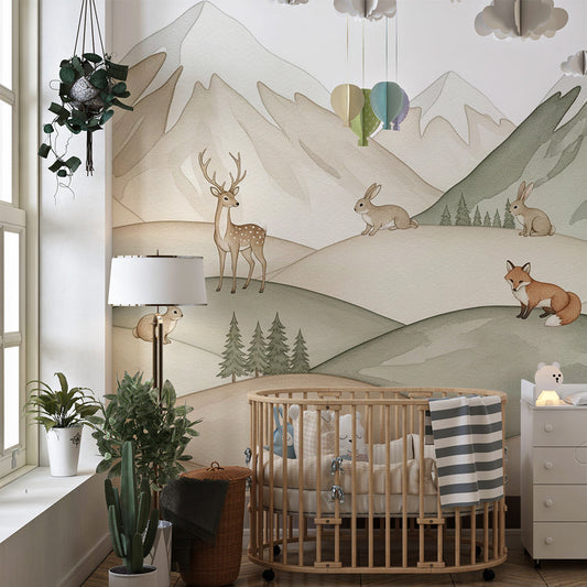 Kids-Mundo watercolor mountain wall mural on a feature wall in a kids' bedroom