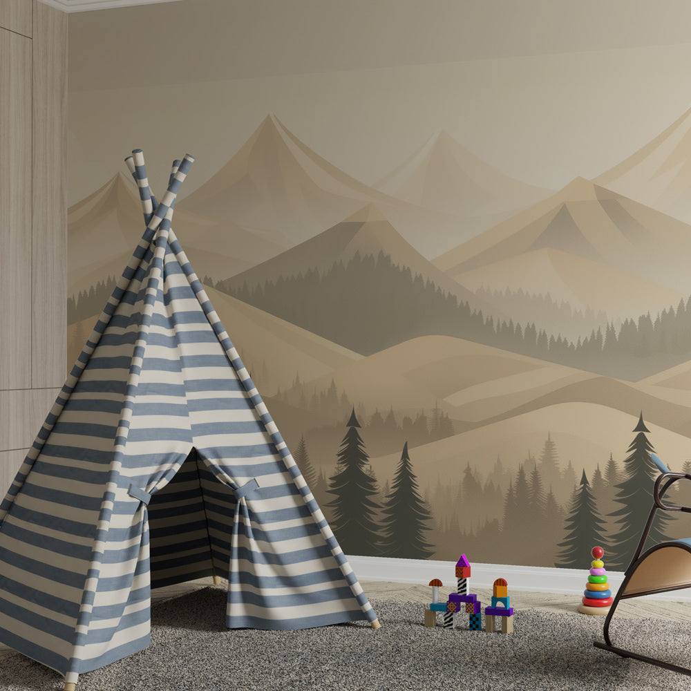 Misty mountain woodland wallpaper creating serene atmosphere in children's bedroom decor