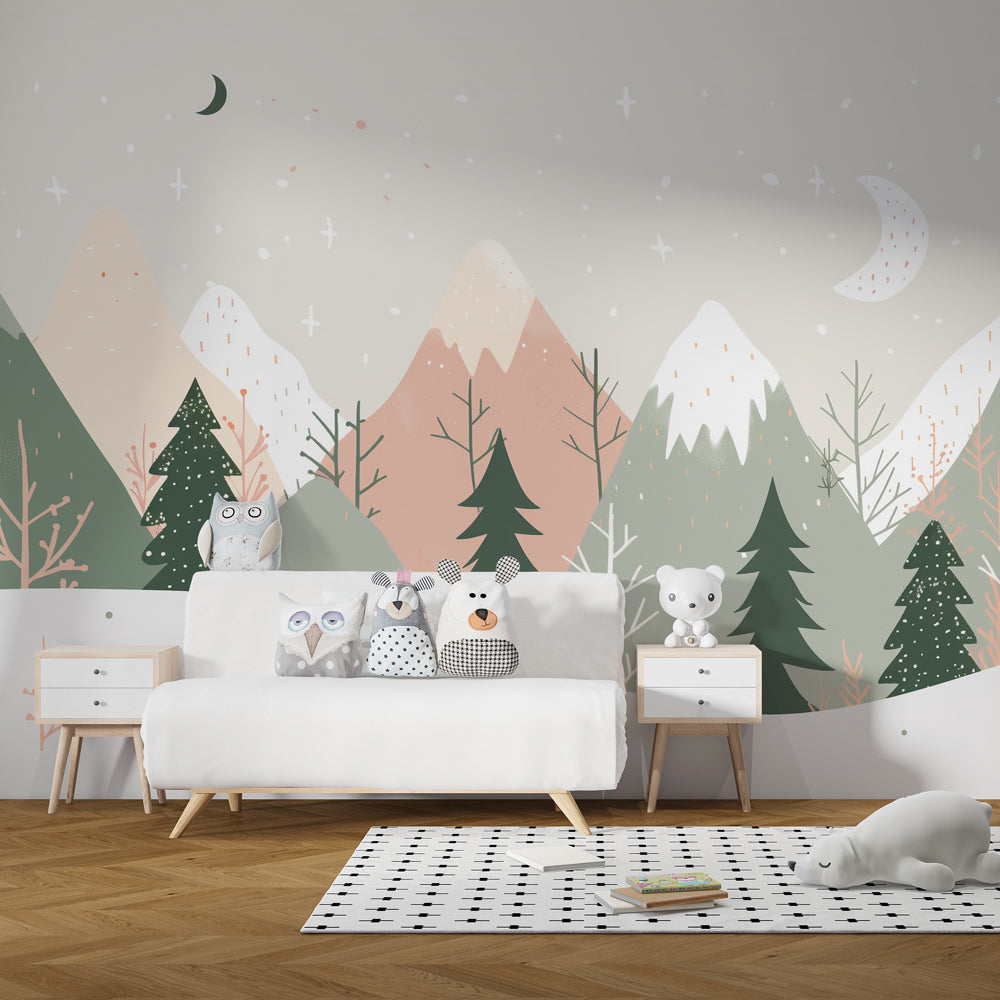 Enchanted forest wallpaper creating magical kids bedroom with pastel mountains and moon