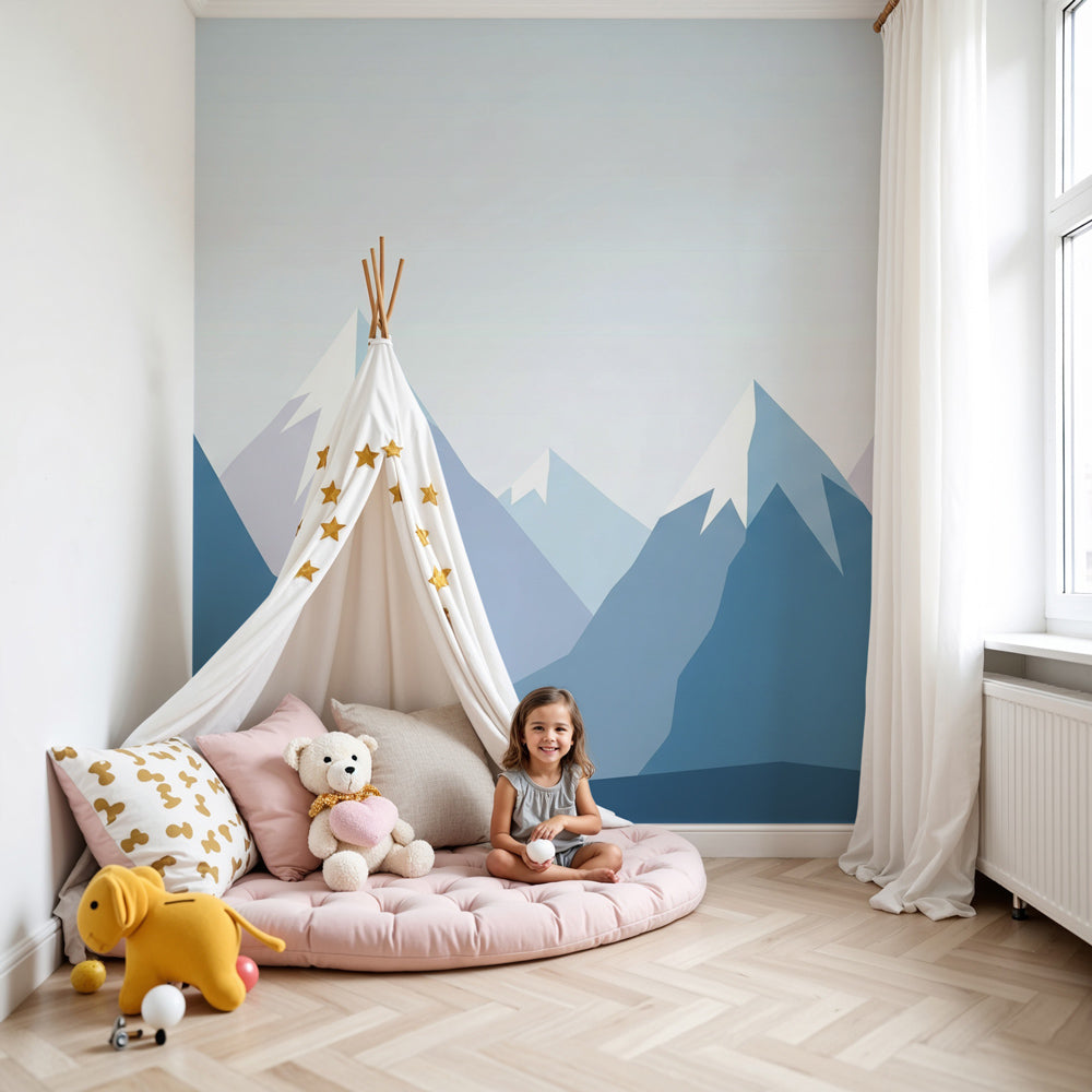 Mountain landscape mural wallpaper with geometric blue peaks in modern nursery by Kids-Mundo