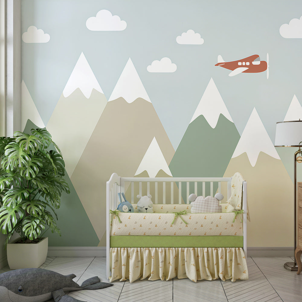 Geometric mountain wallpaper with airplane accent in modern children's bedroom setting