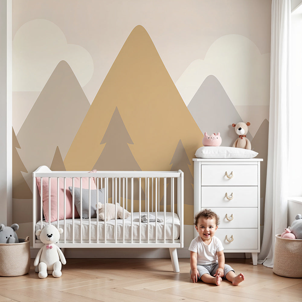 Mountain mural wallpaper with soft peaks and clouds in modern nursery decor by Kids-Mundo