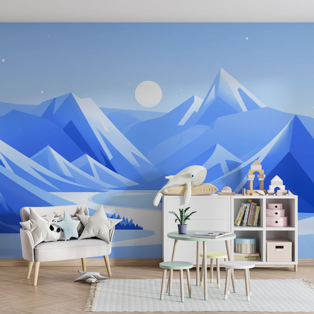 Winter mountain wallpaper creating serene kids bedroom decor with moonlit landscape