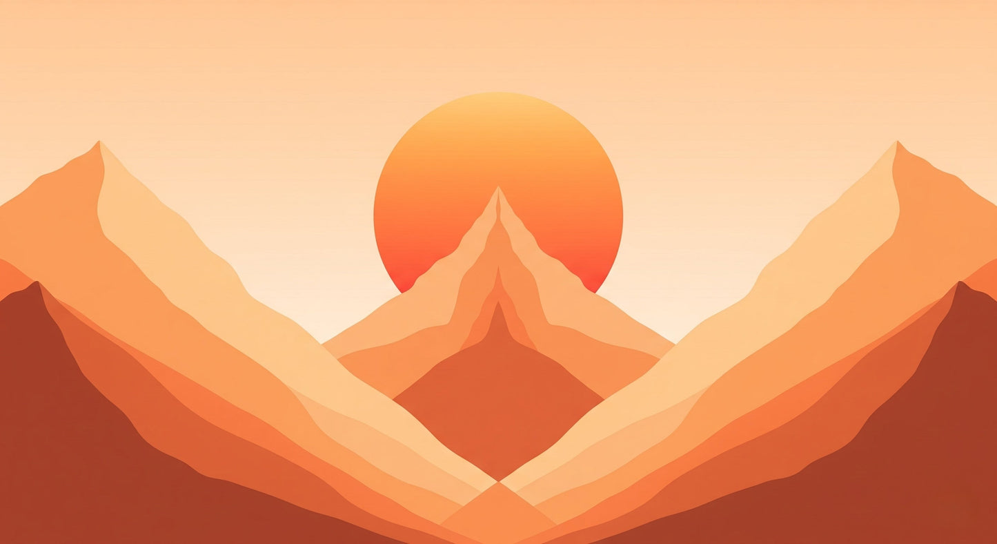 Detailed mountain sunset mural wallpaper design pattern showing orange gradient peaks and golden sun by Kids-Mundo
