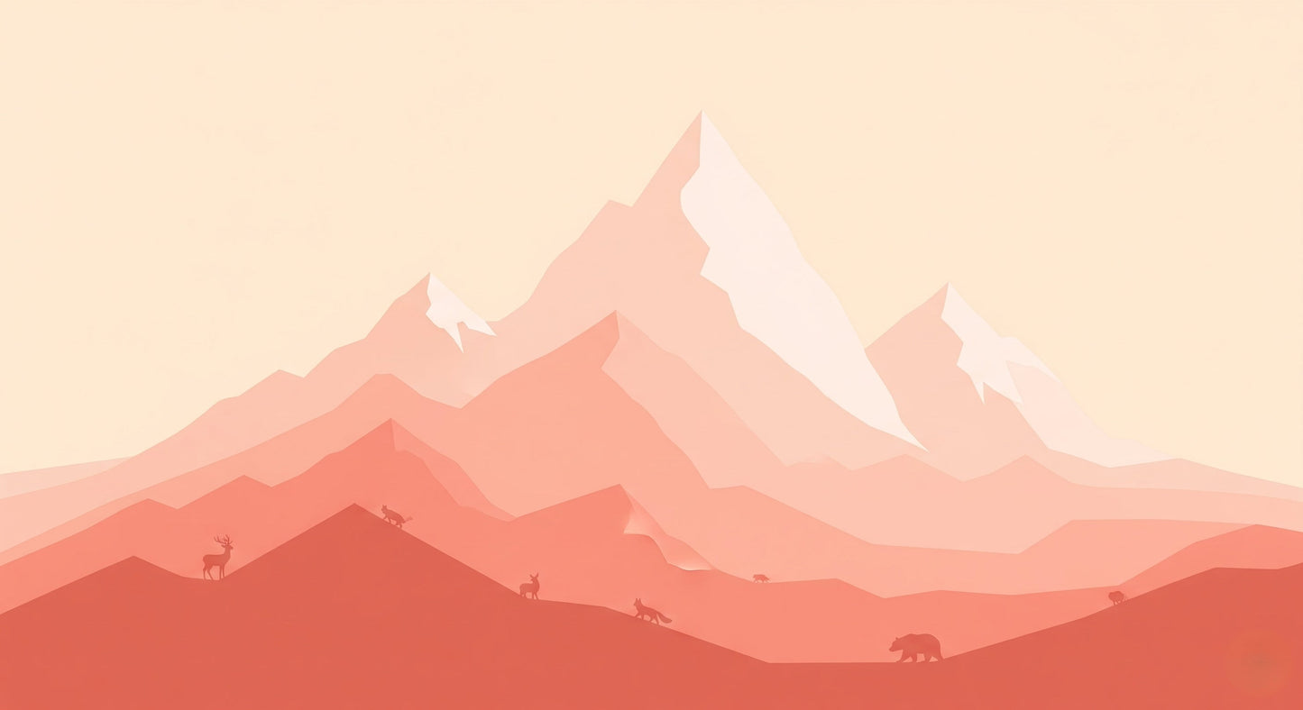 Detailed mountain wildlife mural wallpaper design pattern with deer foxes and alpine landscape by Kids-Mundo