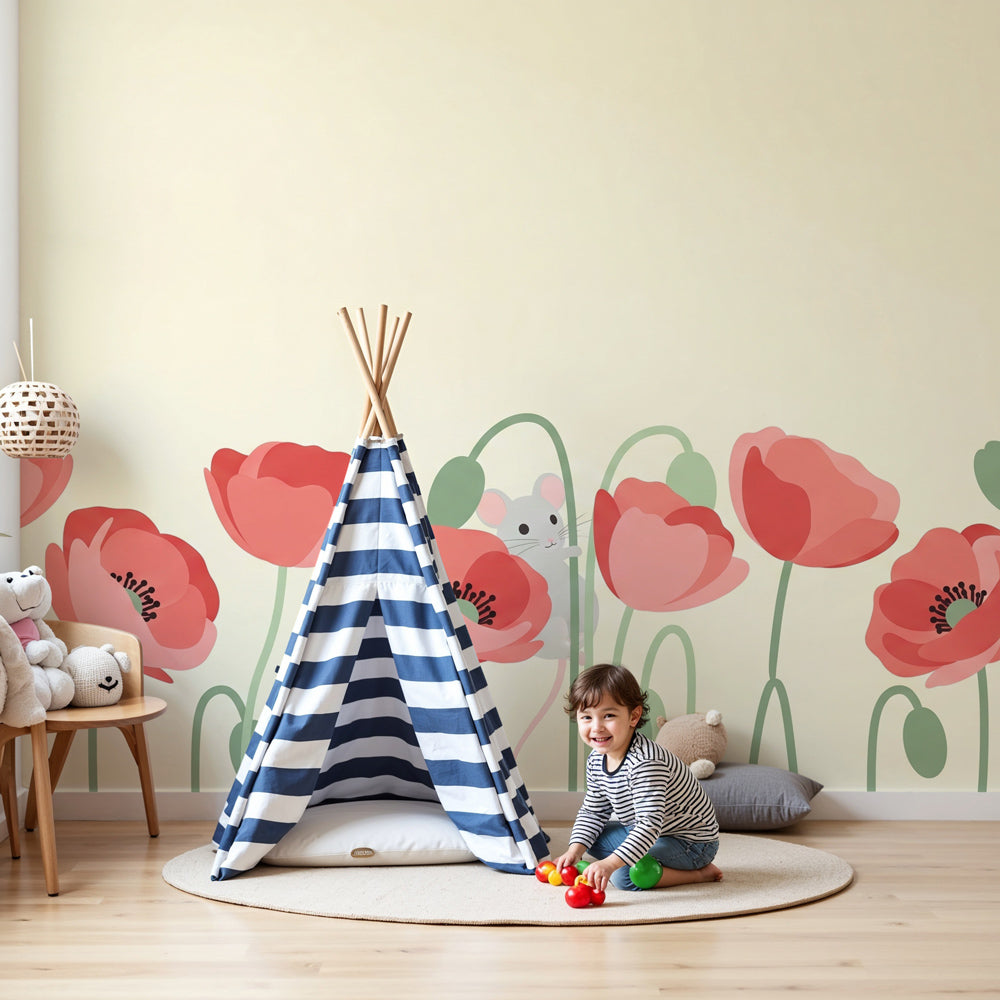 Mouse garden mural wallpaper with pink poppies in modern nursery room by Kids-Mundo