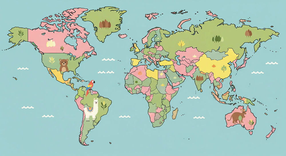 Multicolour World Map with Llama and Parrot Wall Mural