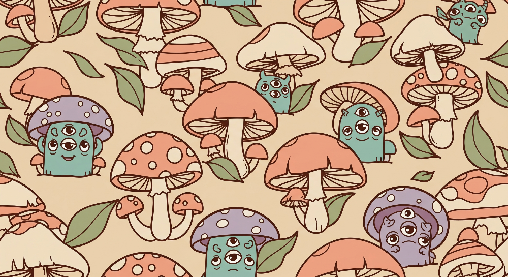 Flat artwork of the Kids-Mundo mushroom forest wall mural design with three-eyed monsters and green leaves.