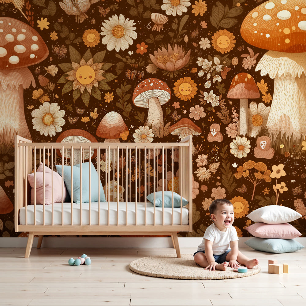 Bohemian mushroom mural wallpaper in cozy children's nursery with earth tones by Kids-Mundo
