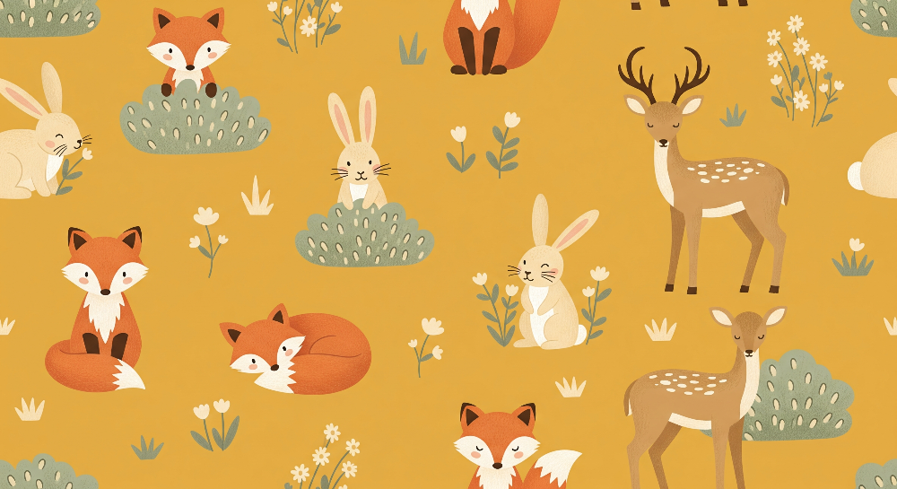 Kids-Mundo flat artwork of a mustard yellow fox and deer pattern wall mural