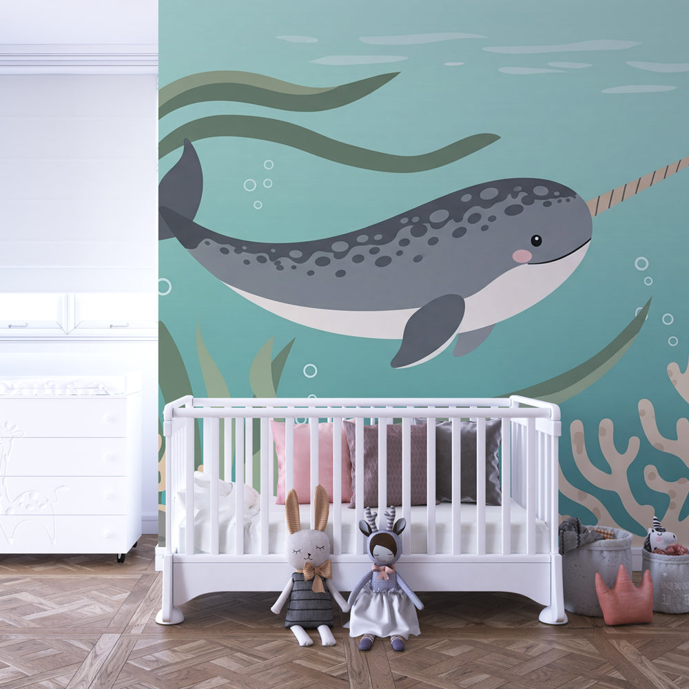 Underwater narwal wallpaper transforming kids bedroom into ocean adventure space