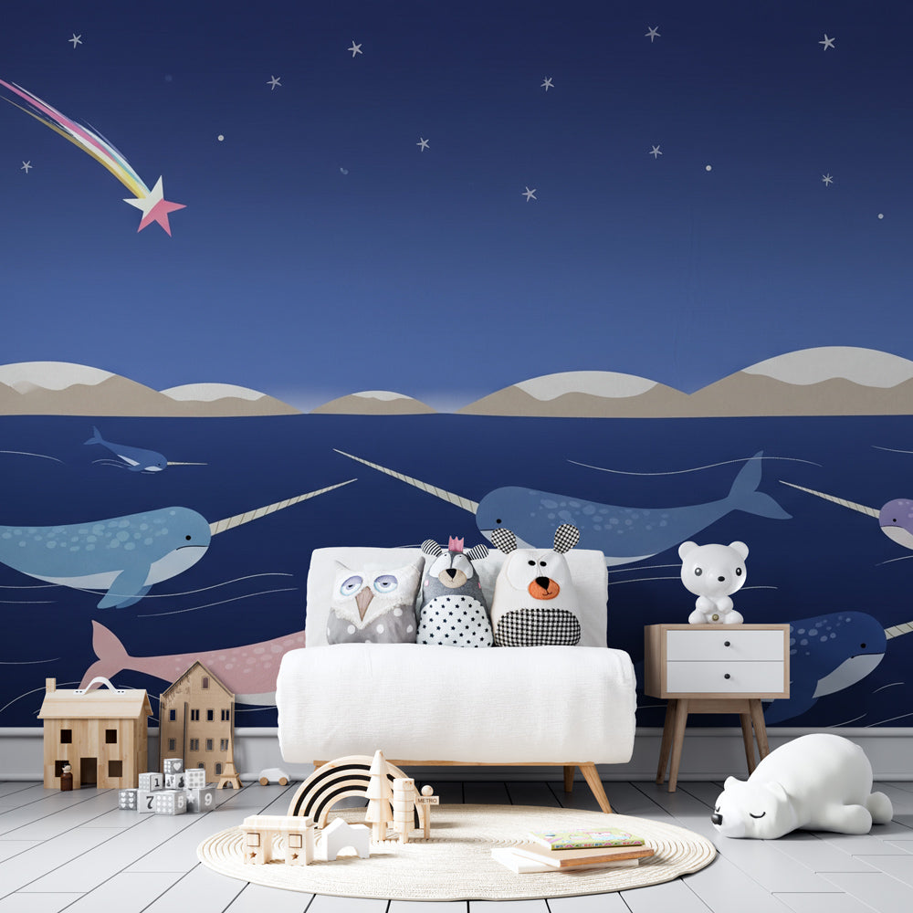 Starry narwhal wallpaper transforming children's bedroom into peaceful underwater sanctuary