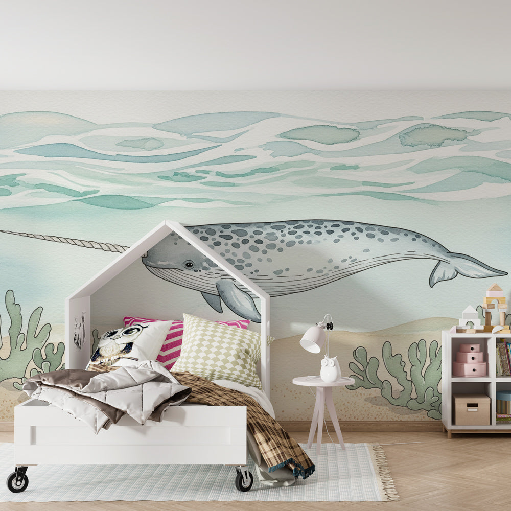 Majestic narwhal wallpaper transforming children's bedroom into underwater paradise decor